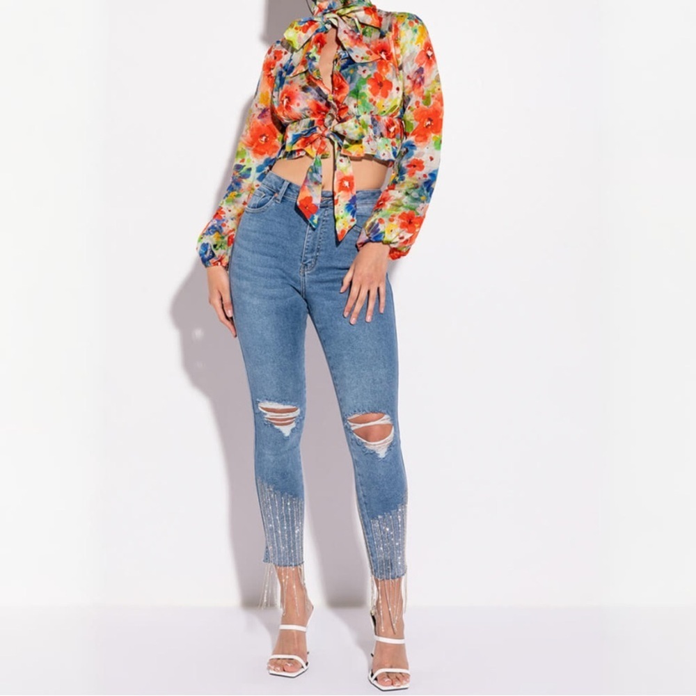 {Akira} "Sexy High Rise Denim" Blue Rhinestone Fringe Distressed Skinny Jeans